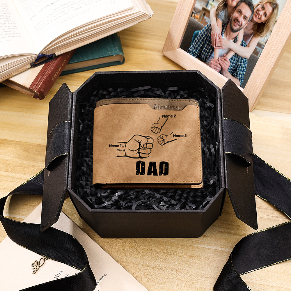 3 Names - Personalised Men Leather Wallet Custom Photo & Text & Name Folding Wallet Fist Bump Wallet Gift for Dad-Jessemade AU