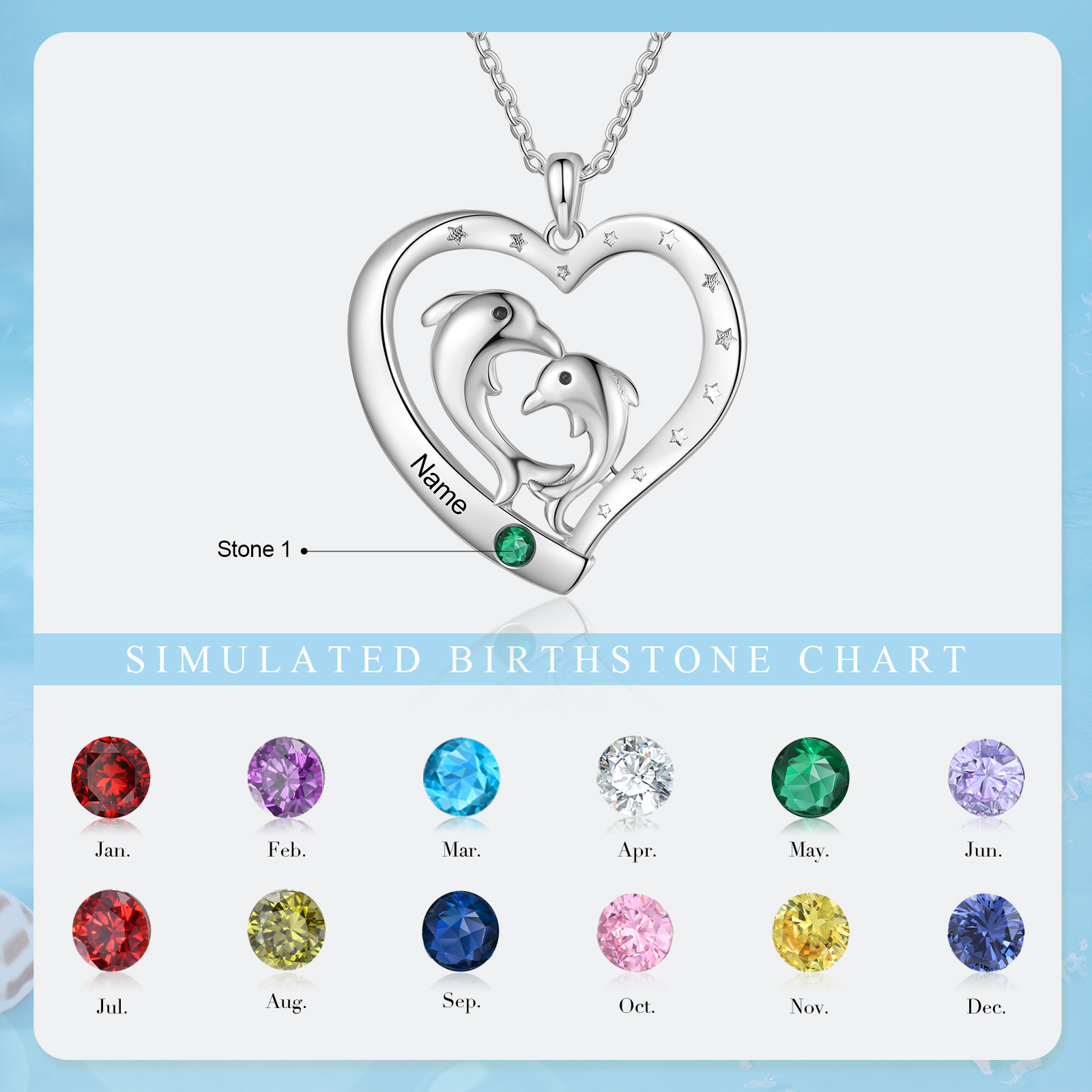 Personalised Heart Dolphin Pendant Necklace Custom 1 Birthstone Engraved 1 Name Necklace Gift for Her-Jessemade AU
