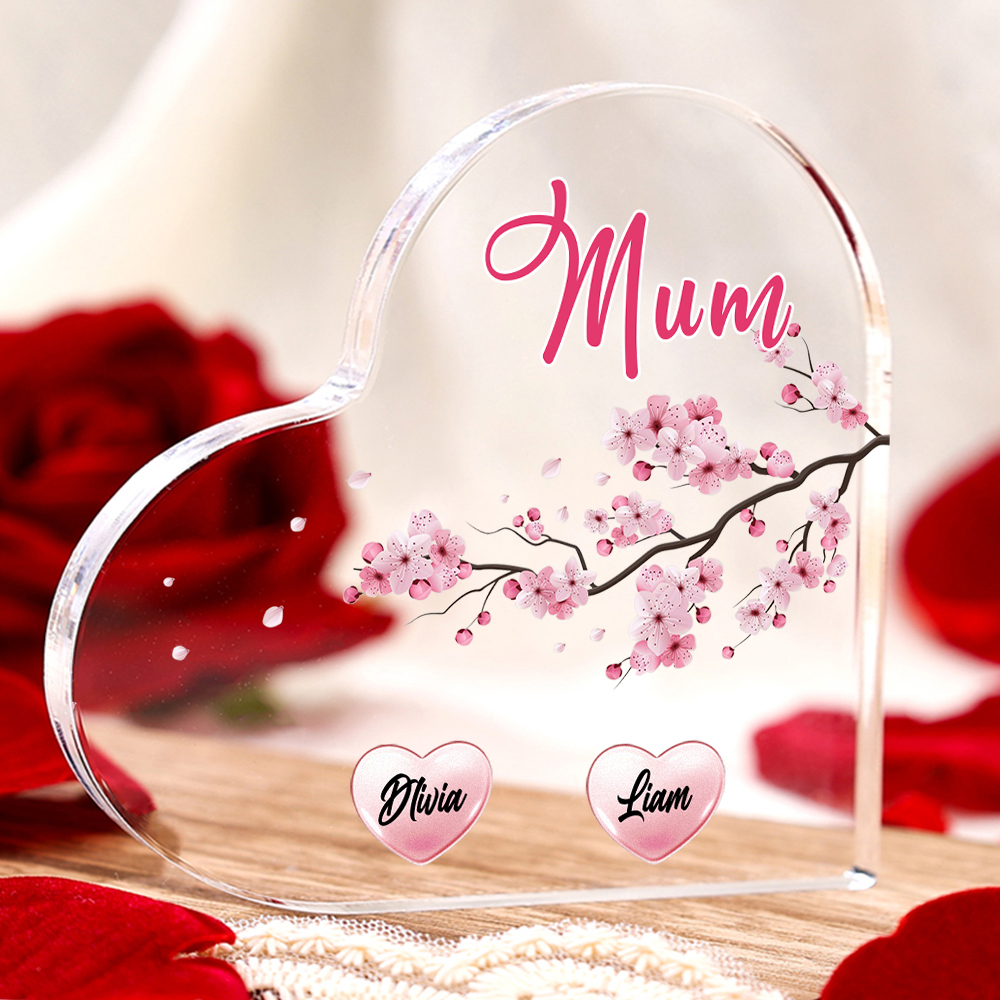 2 Names - Personalised Acrylic Heart Keepsake Custom Text Peach Blossom Ornaments Gifts for Grandma/Mother-Jessemade AU
