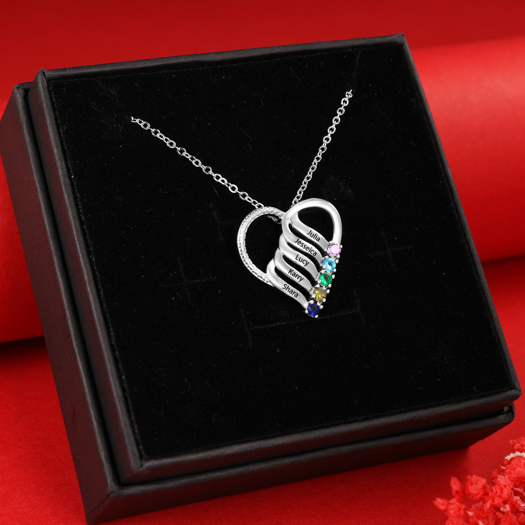 Personalised Heart Necklace With 5 Birthstones Engraved Names Gift For Her-Jessemade AU