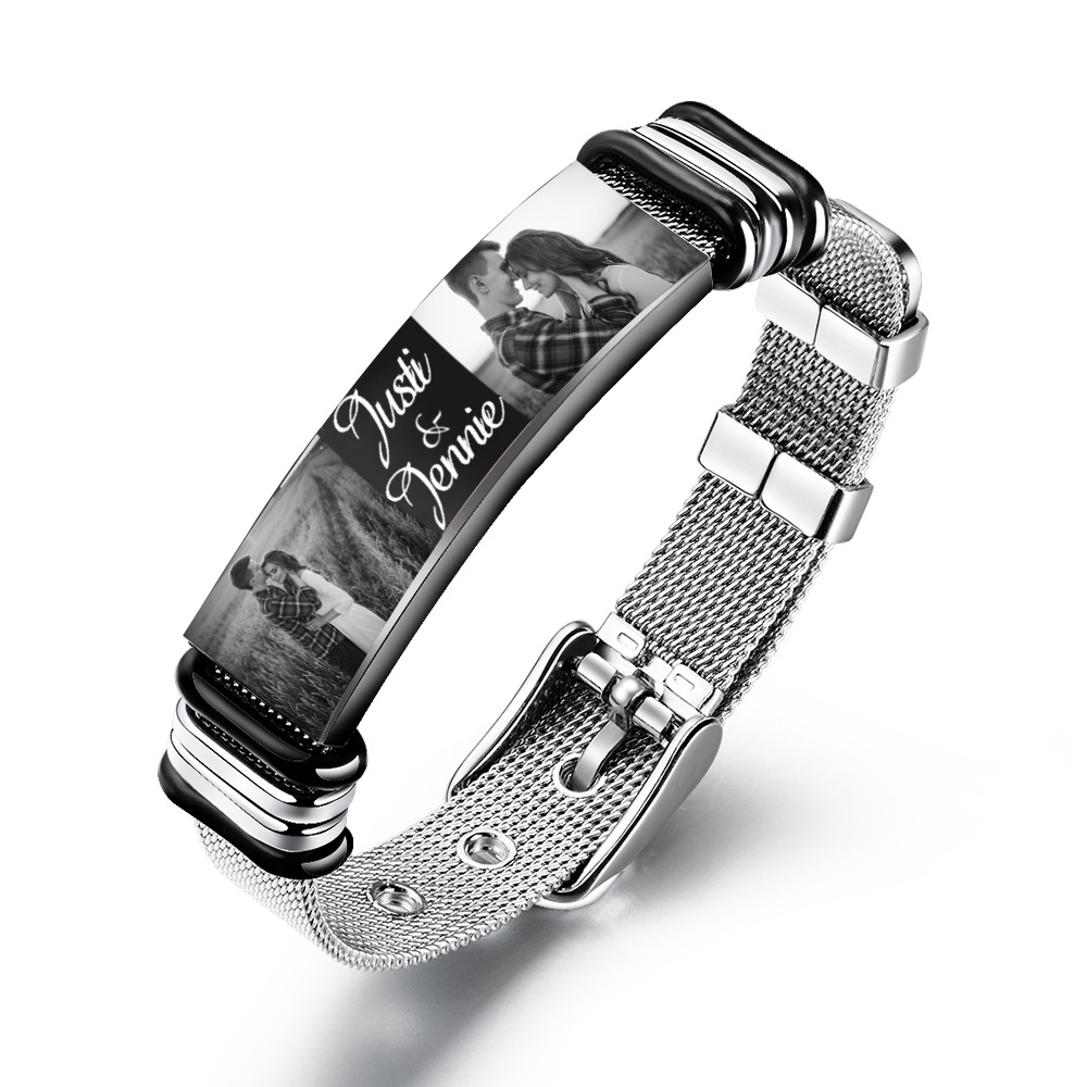 Personalised ID Bar Bracelet Engraved 2 Photos Men Women Bracelet-Jessemade AU
