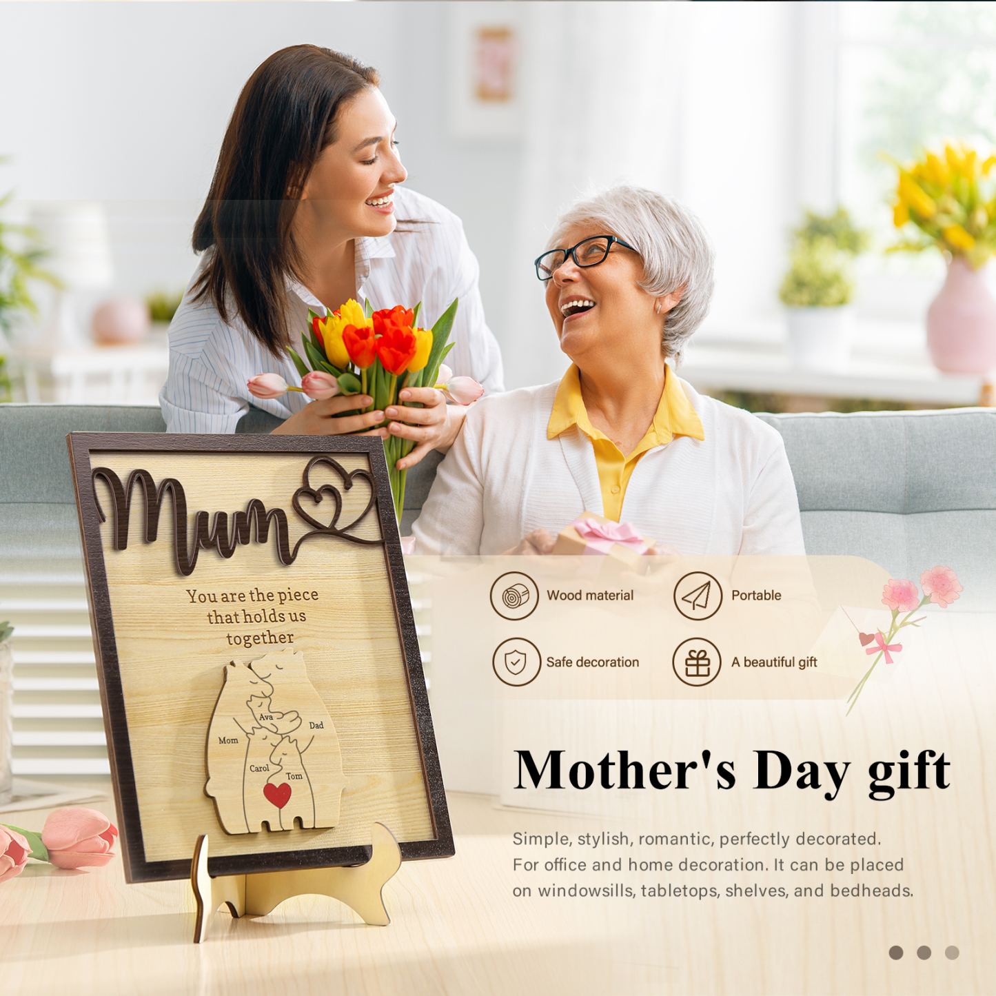 Personalised Bear Puzzle Pieces Wooden Plaque Custom 5 Names Family Ornament With Stand Gifts for Mum - You Are The Piece That Holds Us Together-Jessemade AU