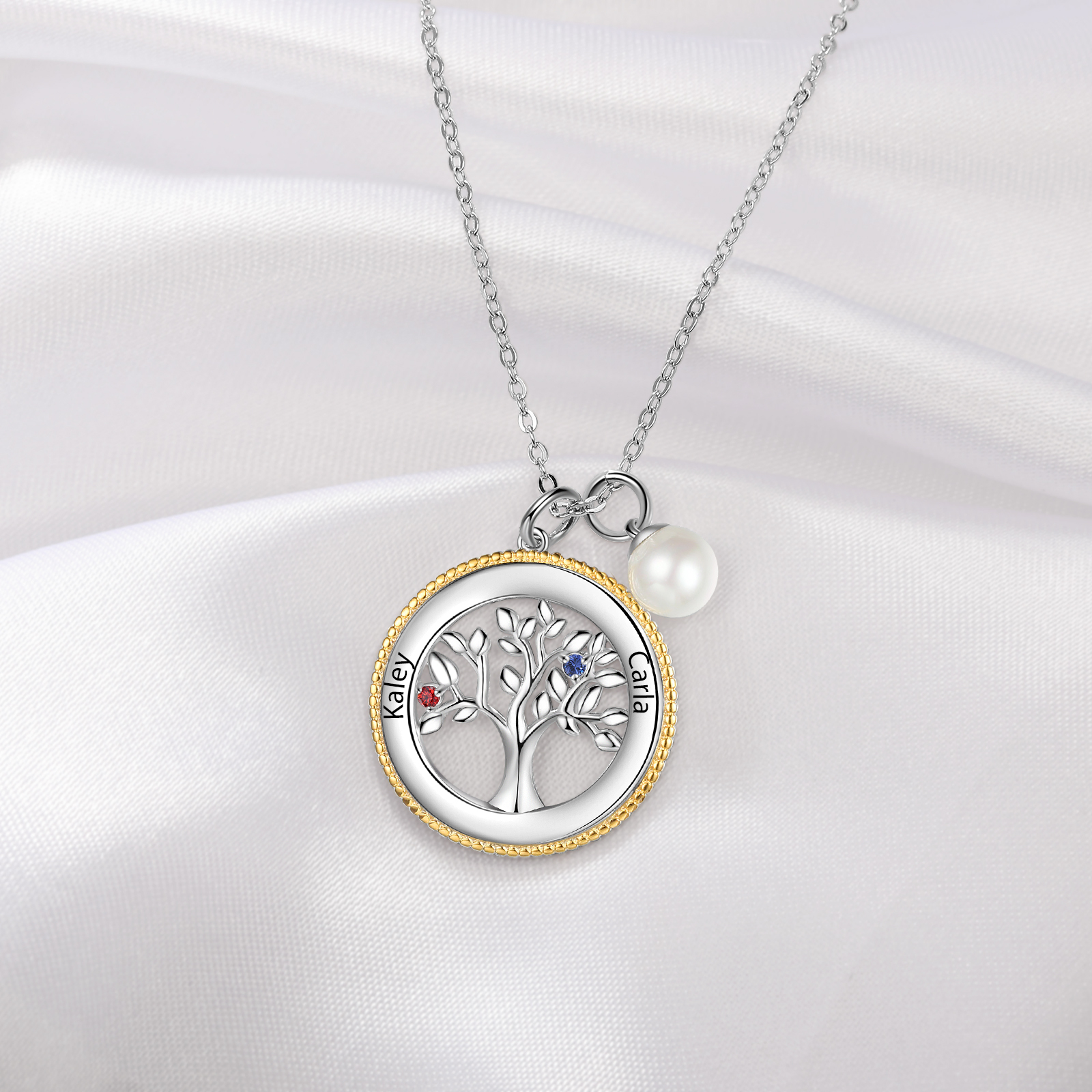 Personalised Family Tree Necklace With 2 Birthstones Engraved Names Necklace Gift For Women-Jessemade AU