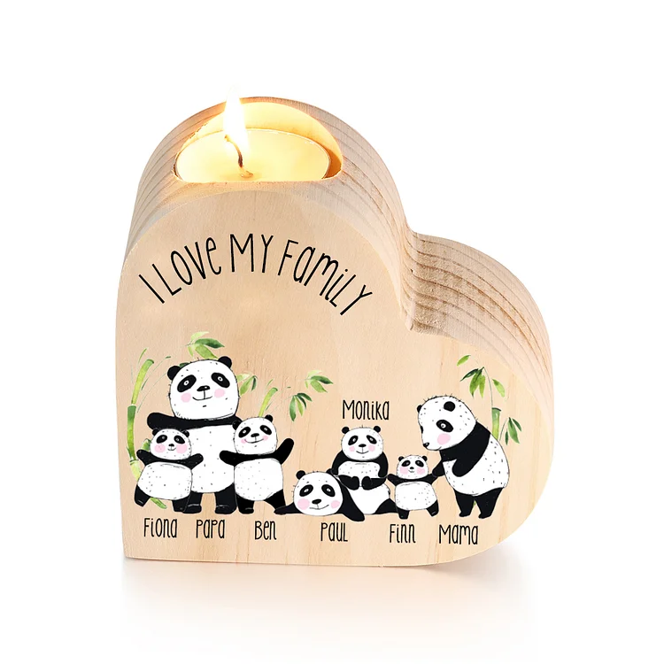 Family Panda Heart Candle Holder Personalised Wooden Candlestick Custom 7 Names-Jessemade AU
