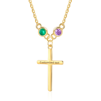 Personalised Cross Pendant Necklace Custom 2 Birthstones & 1 Text Necklace Birthday Gift for Her-Jessemade AU