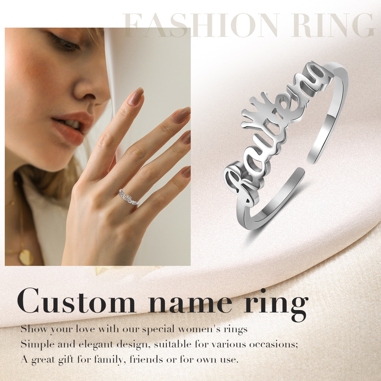 Customised Crown Name Ring Classic Adjustable Ring for Her-Jessemade AU