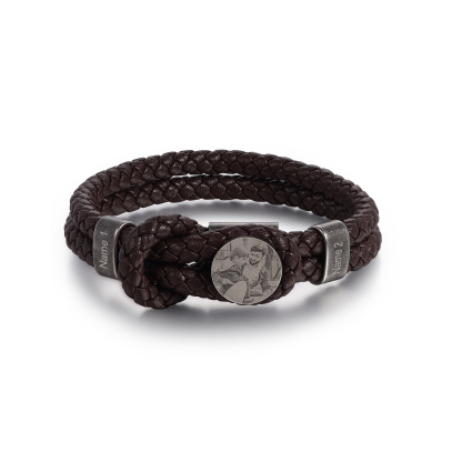 Personalised Men's Photo Bracelets Engraved 2 Names Multi Layered Vintage Braided Bracelet for Him-Jessemade AU