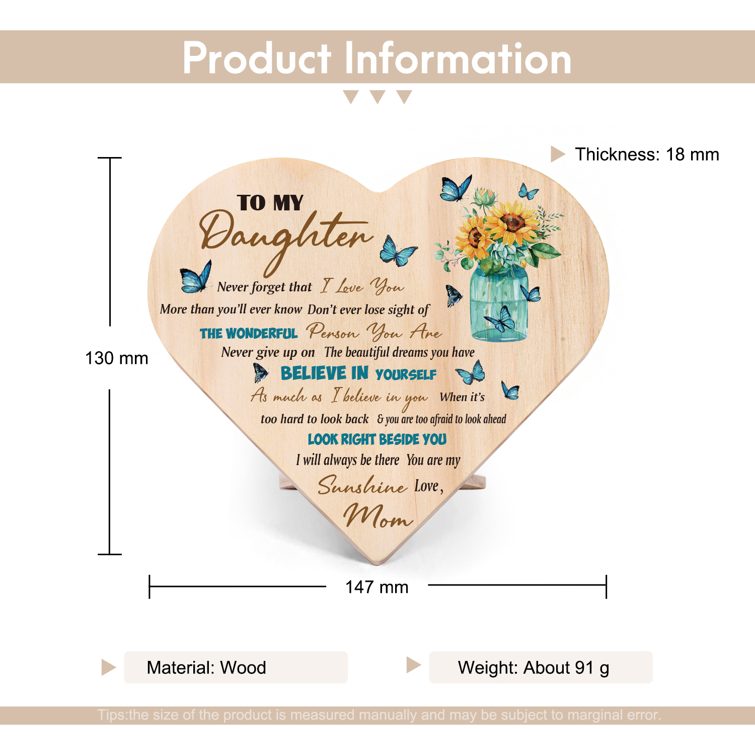 To My Daughter Wooden Heart Keepsake Desktop Ornament-Never forget that I Love You More than you'll ever know-Jessemade AU