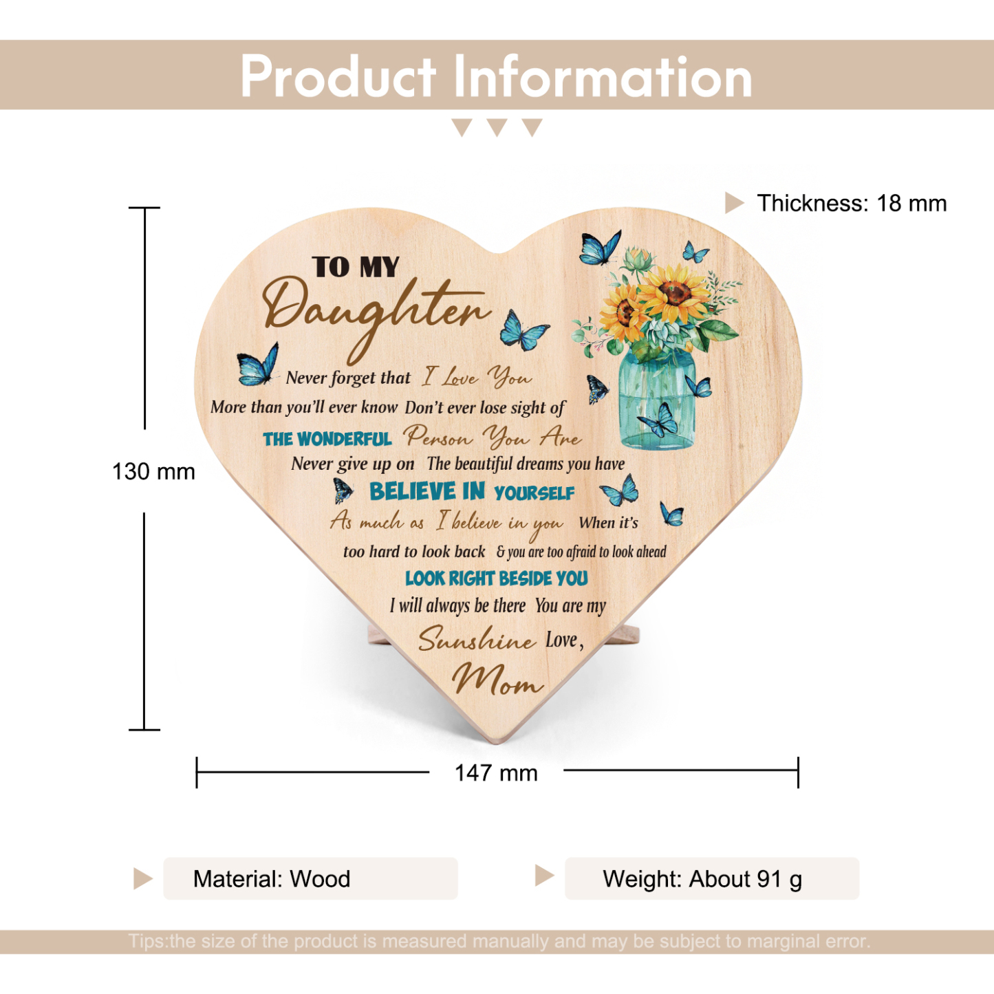 To My Daughter Wooden Heart Keepsake Desktop Ornament-Never forget that I Love You More than you'll ever know-Jessemade AU