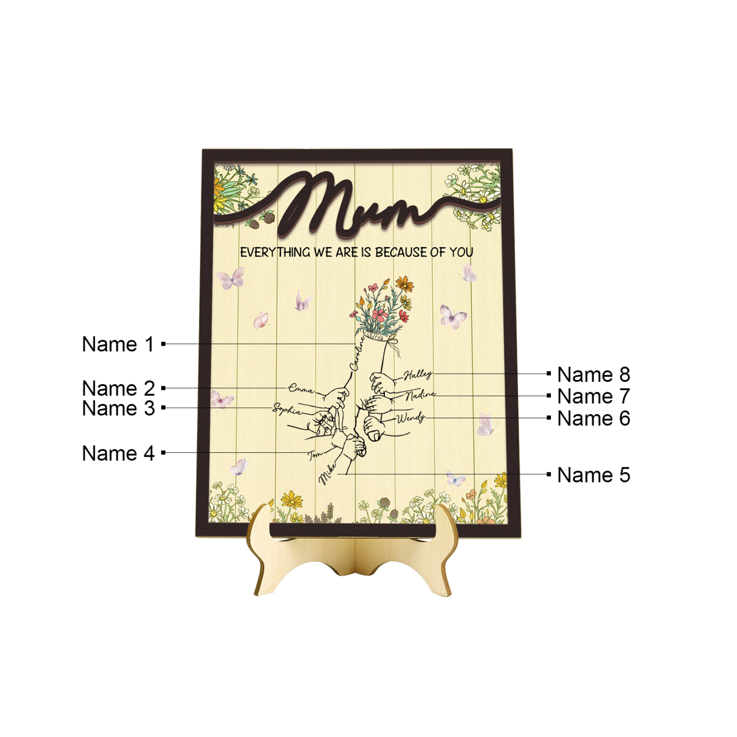 Personalised 8 Names Wooden Plaque Holding Mum's Hand Desktop Decoration With Stand - EVERYTHING WE ARE IS BECAUSE OF YOU-Jessemade AU
