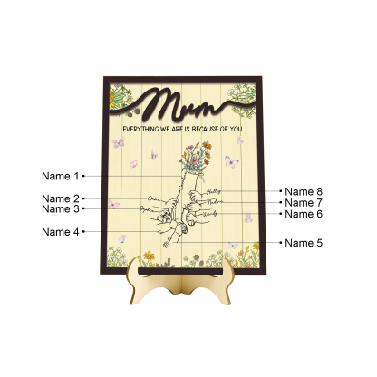 Personalised 8 Names Wooden Plaque Holding Mum's Hand Desktop Decoration With Stand - EVERYTHING WE ARE IS BECAUSE OF YOU-Jessemade AU