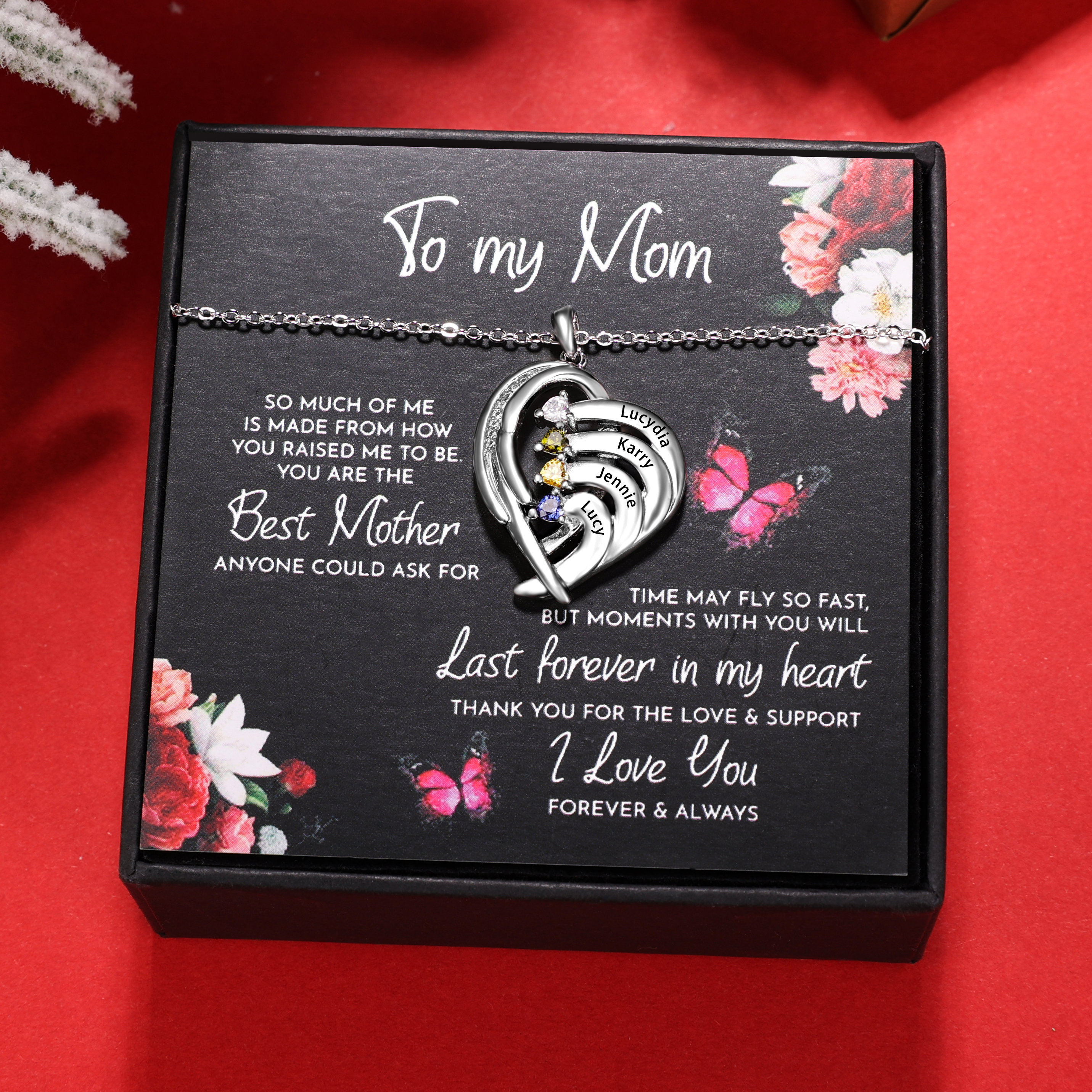 Personalised Heart Wings Necklace With 4 Birthstones Custom Names Necklace Gift For Her-Jessemade AU