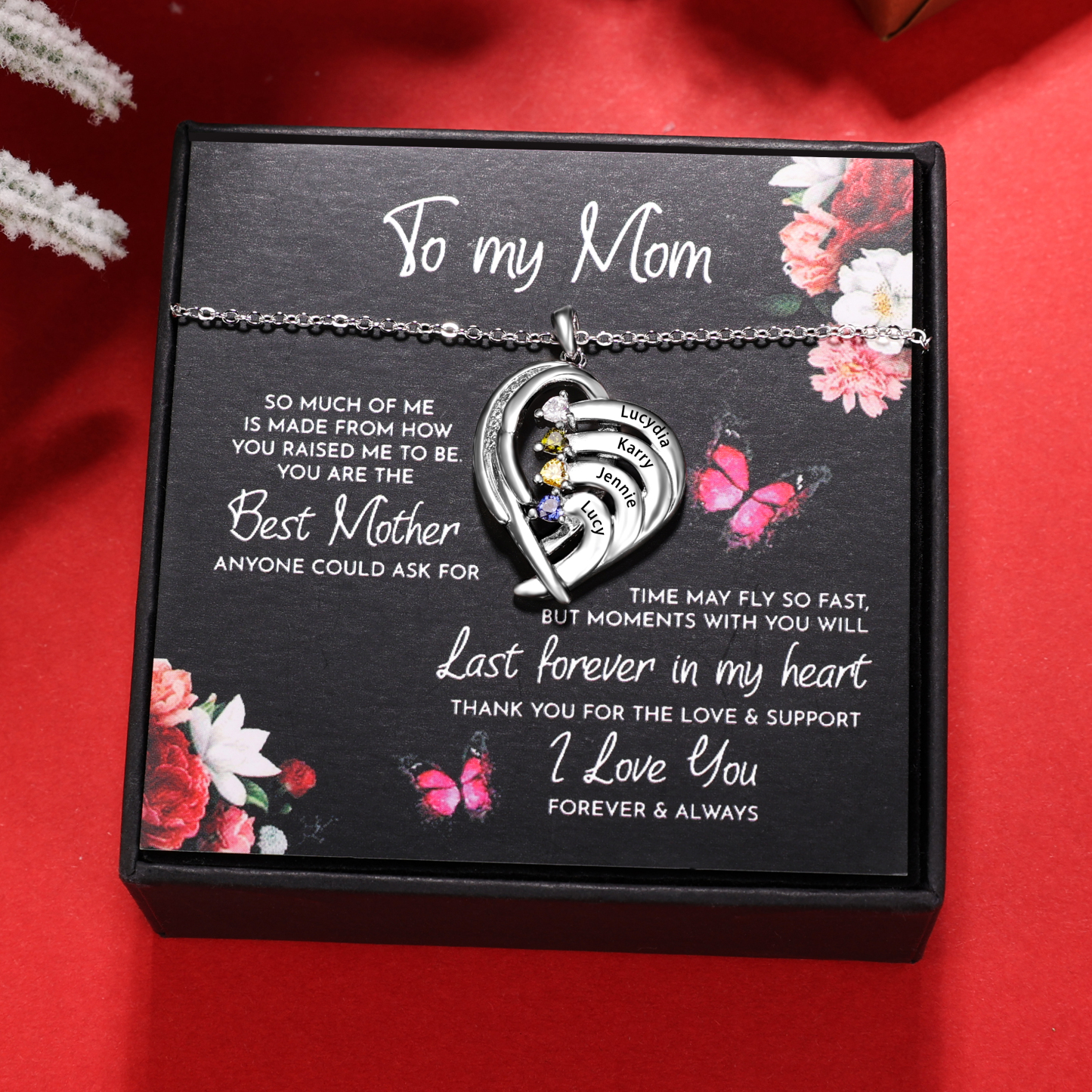 Personalised Heart Wings Necklace With 4 Birthstones Custom Names Necklace Gift For Her-Jessemade AU