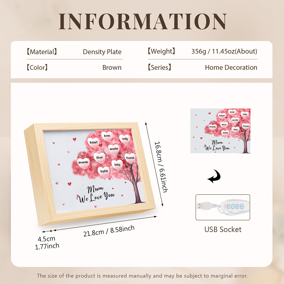 Personalised Frame Night Light Custom 1 Text & 9 Names Pink Family Tree Ornament Gifts for Mother/Grandma-Jessemade AU