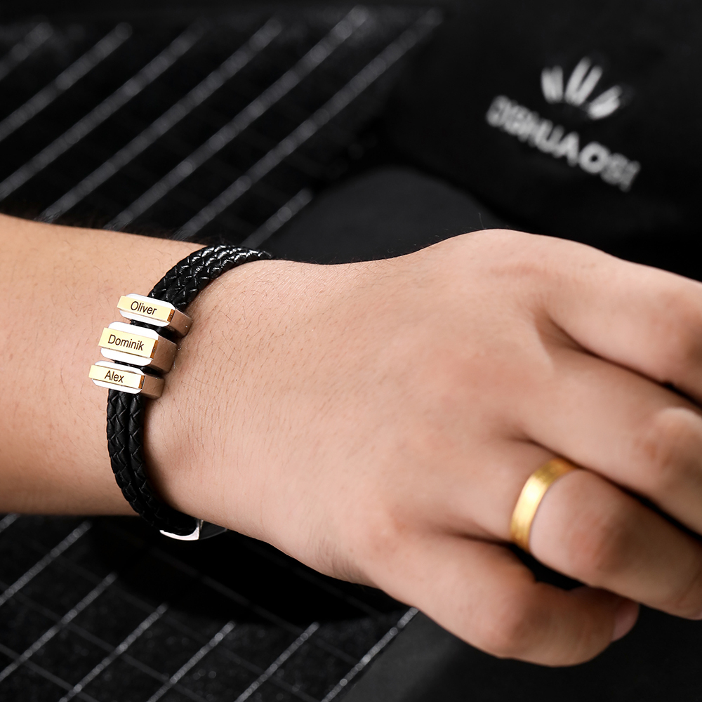 Mens Leather Bracelet with Customised Beads Personalised Three Layer Bracelet Engraved 3 Names-Jessemade AU