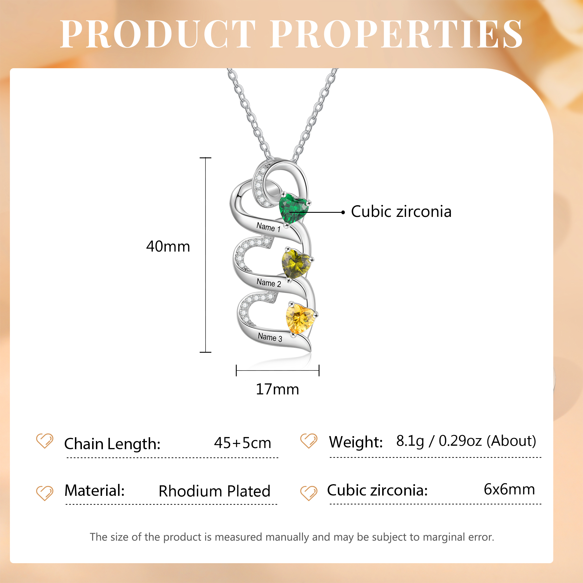 Personalised Heart Pendant Necklace Custom 3 Birthstones & 3 Names Necklace Gifts for Her-Jessemade AU