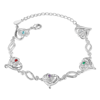 Flowers Bracelet Personalised 4 Birthstones Bracelet Engraved Names Flowers Charm Gifts For Her-Jessemade AU
