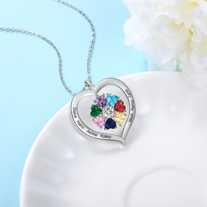 Personalised Heart Necklace with 7 Birthstones Engraved Names Family Necklace Gifts for Her-Jessemade AU