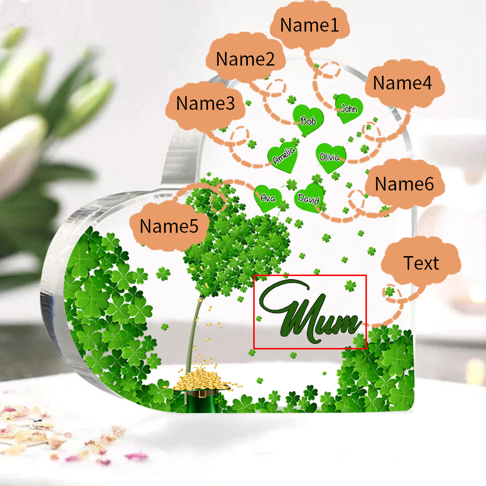 6 Names - Personalised Acrylic Heart Keepsake Custom Text Four-Leaf Clover Ornament Gift for Mother/Grandma-Jessemade AU