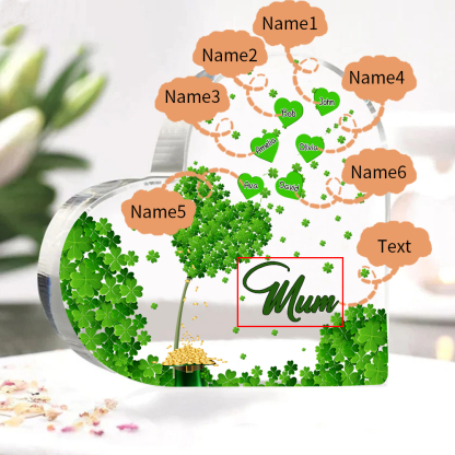 6 Names - Personalised Acrylic Heart Keepsake Custom Text Four-Leaf Clover Ornament Gift for Mother/Grandma-Jessemade AU