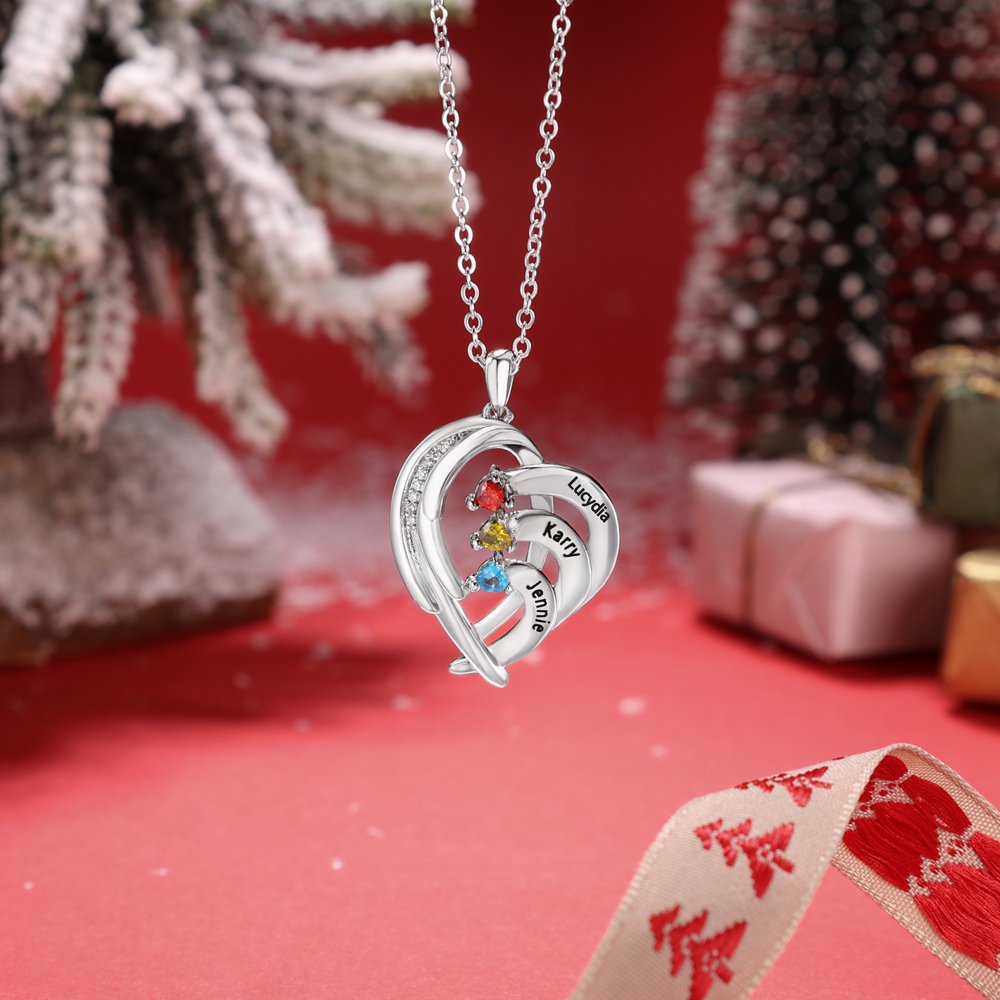 Personalised Heart Wings Necklace With 3 Birthstones Custom Names Necklace Gift For Her-Jessemade AU
