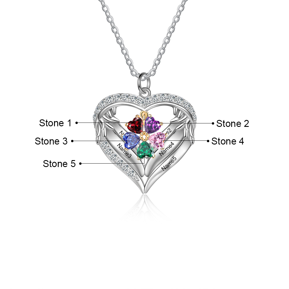 Personalised Wings Necklace With 5 Heart Birthstones Engraved Names Gift For Women-Jessemade AU