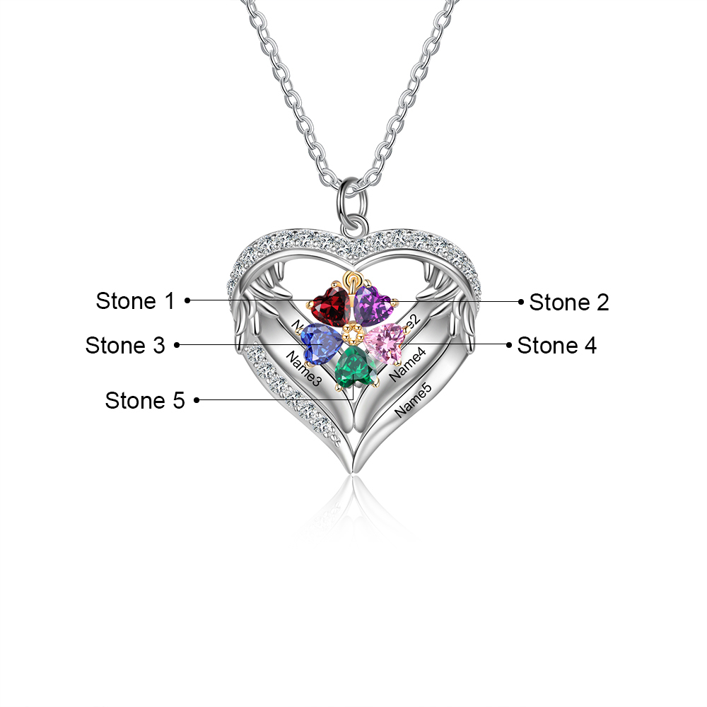 Personalised Wings Necklace With 5 Heart Birthstones Engraved Names Gift For Women-Jessemade AU