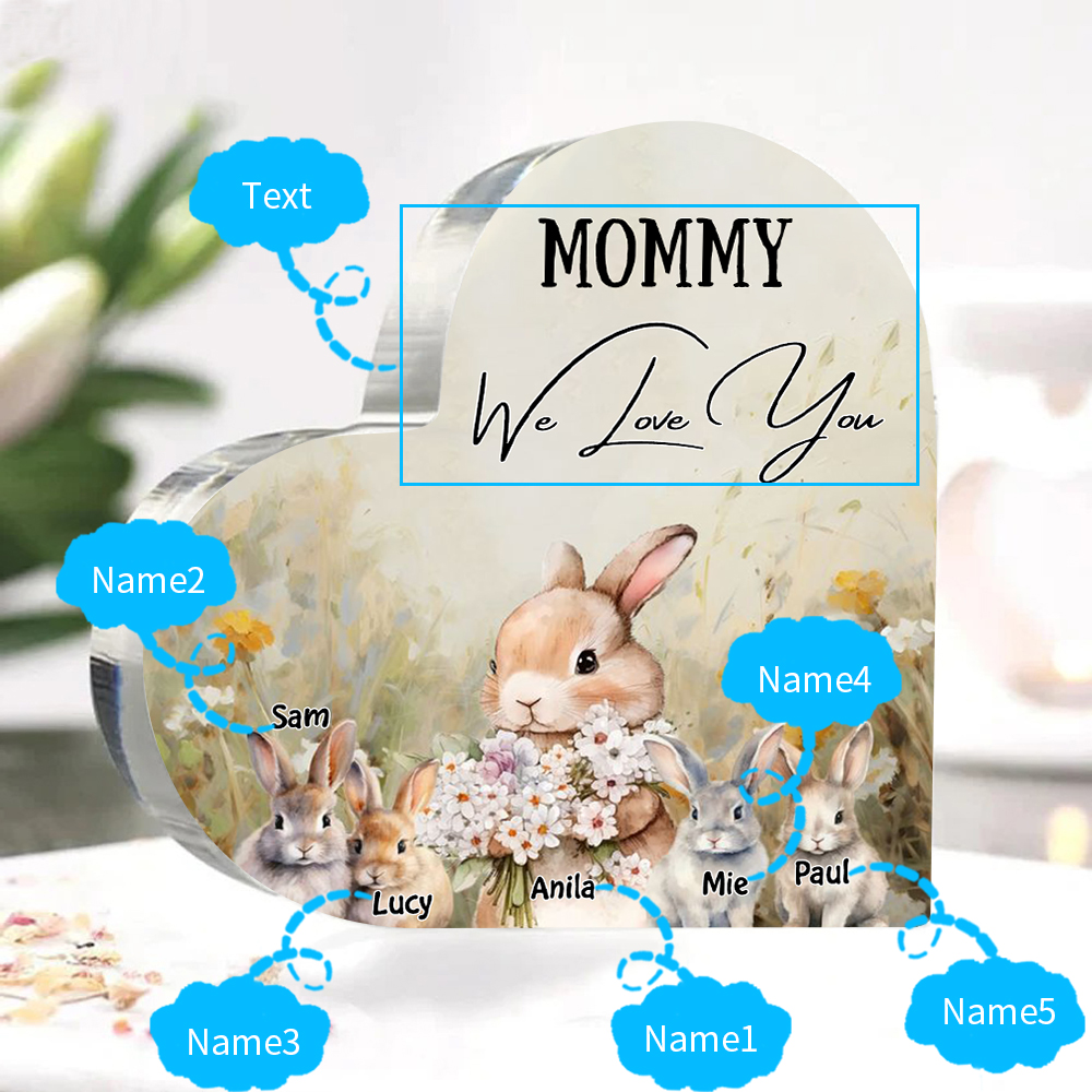 5 Names - Personalised Acrylic Heart Keepsake Custom Text Bunny Family Ornament Gift for Mother/Grandma-Jessemade AU