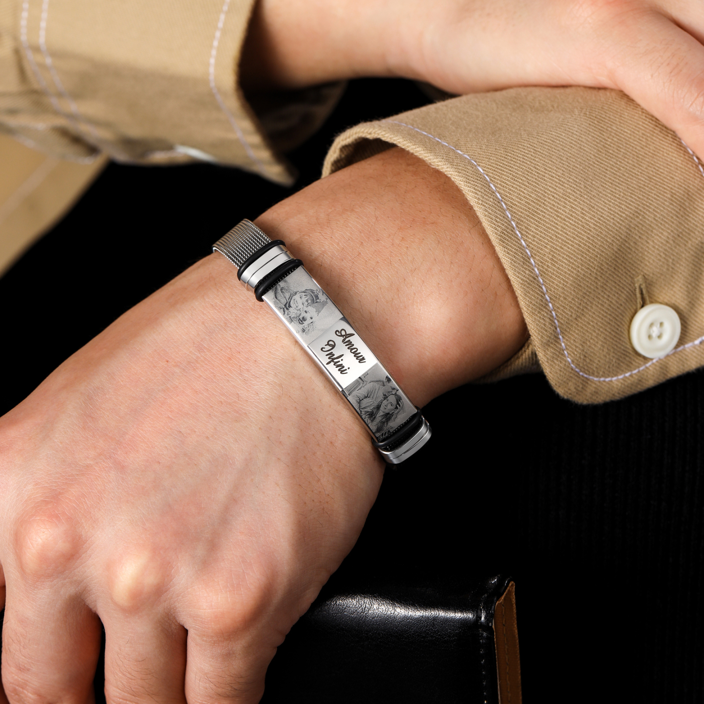 Personalised ID Bar Bracelet Engraved 2 Photos Men Women Bracelet-Jessemade AU