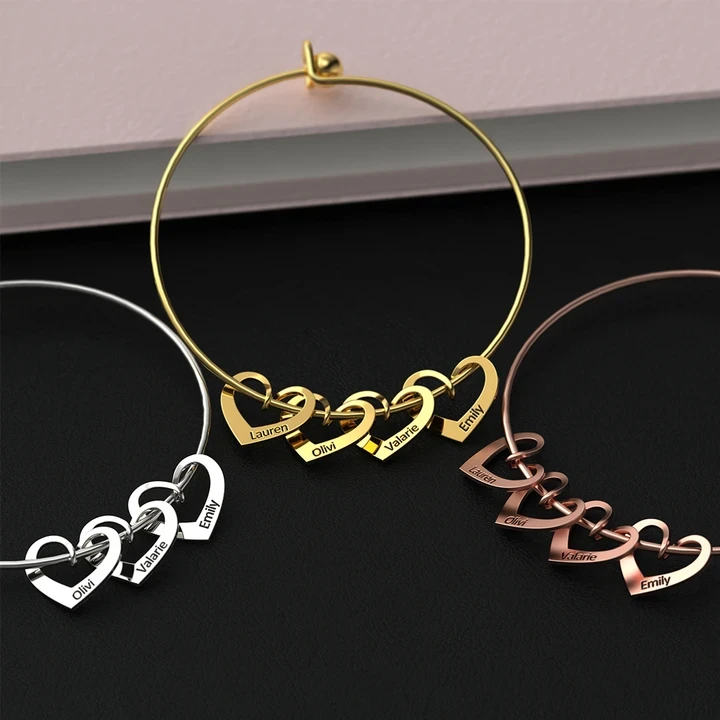 To My Mother Personalised Love Bracelet with 4 Heart Charms Engraved 4 Names Bangle Bracelet-Jessemade AU