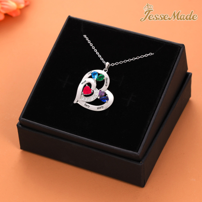 Personalised Heart Necklace With 5 Birthstones Engraved Names Gift For Her-Jessemade AU