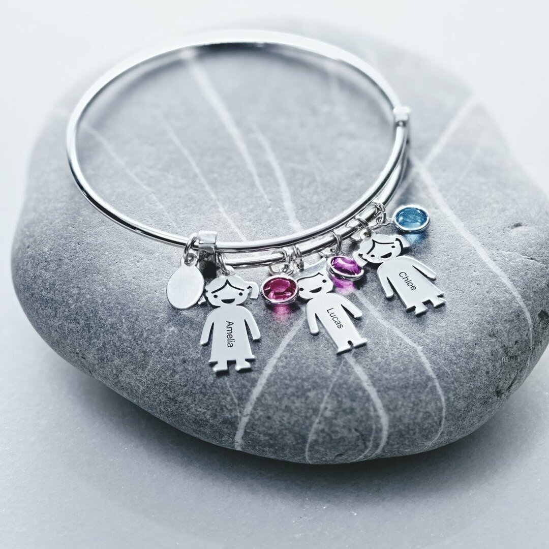 Personalised Kids Charm Bracelet With 3 Birthstones Engraved Names Adjustable Bracelet Gift For Her-Jessemade AU