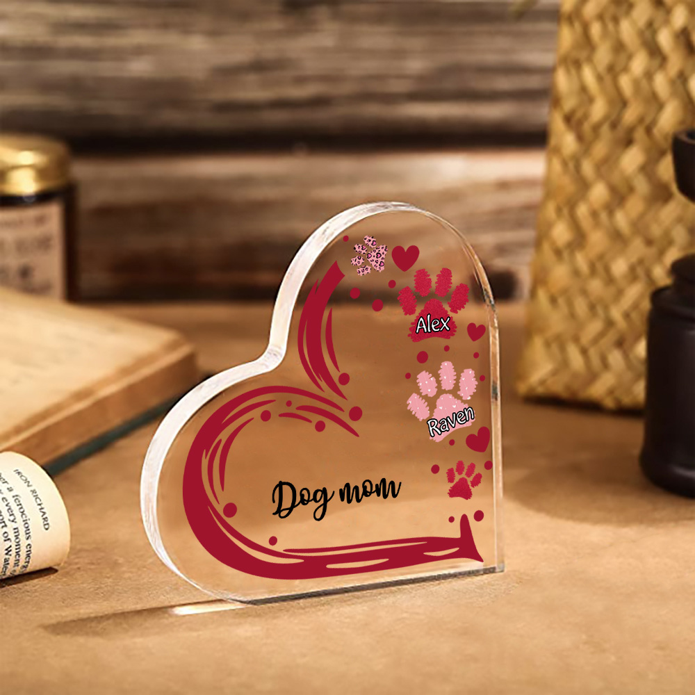 Personalised Text Acrylic Heart Keepsake Custom 2 Names Dog Footprints Ornaments Gifts for Grandma/Mother-Jessemade AU