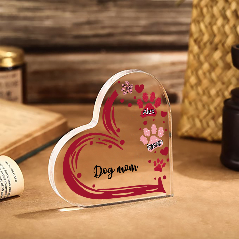 Personalised Text Acrylic Heart Keepsake Custom 2 Names Dog Footprints Ornaments Gifts for Grandma/Mother-Jessemade AU