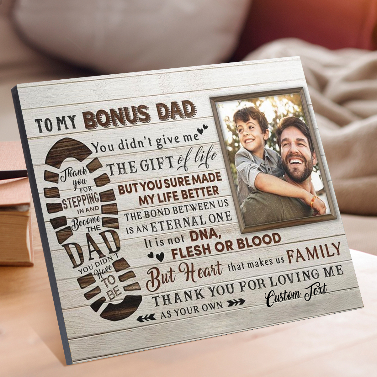 To My Bonus Dad Photo Frame Keepsake Wood Signs-Thank You For Stepping In And Become Dad-Jessemade AU
