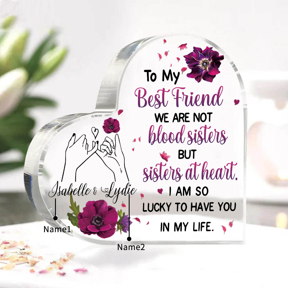 To My Best Friend Acrylic Heart Keepsake Customised 2 Names Violets Ornament "We Are Not Blood Sisters But Sisters At Heart" Gift For Her-Jessemade AU