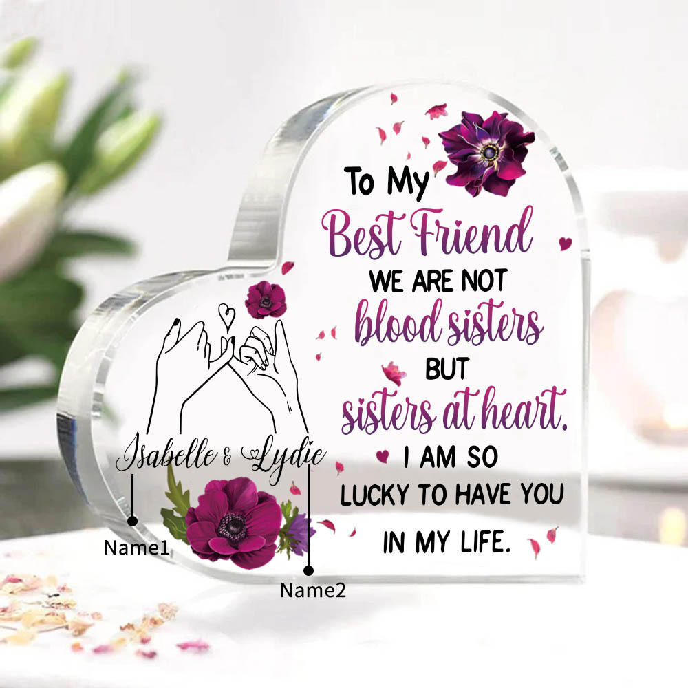 To My Best Friend Acrylic Heart Keepsake Customised 2 Names Violets Ornament "We Are Not Blood Sisters But Sisters At Heart" Gift For Her-Jessemade AU
