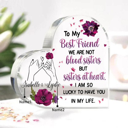 To My Best Friend Acrylic Heart Keepsake Customised 2 Names Violets Ornament "We Are Not Blood Sisters But Sisters At Heart" Gift For Her-Jessemade AU