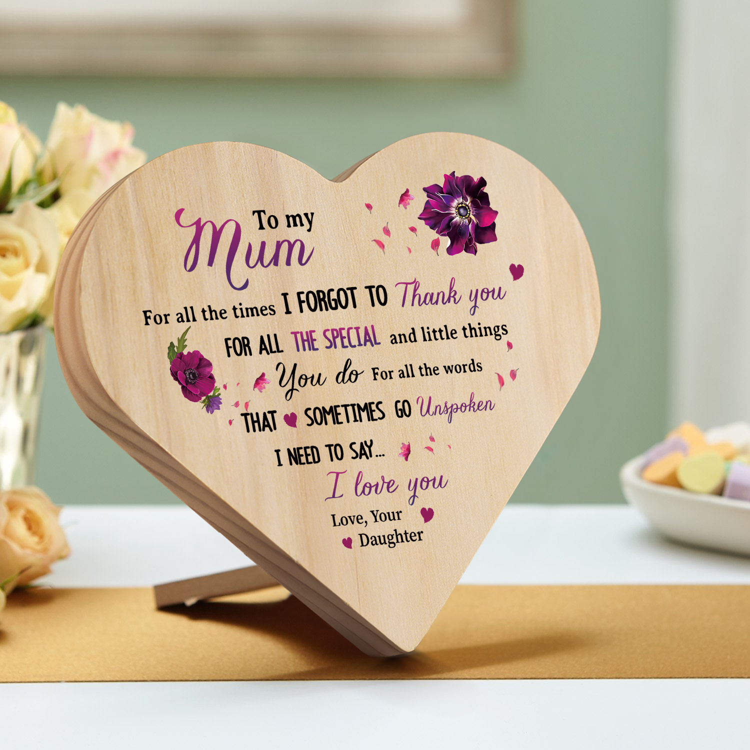 To My Mum Violet Wooden Heart Keepsake Desktop Ornament "For all the times I forgot to thank you" Mothers Gifts-Jessemade AU