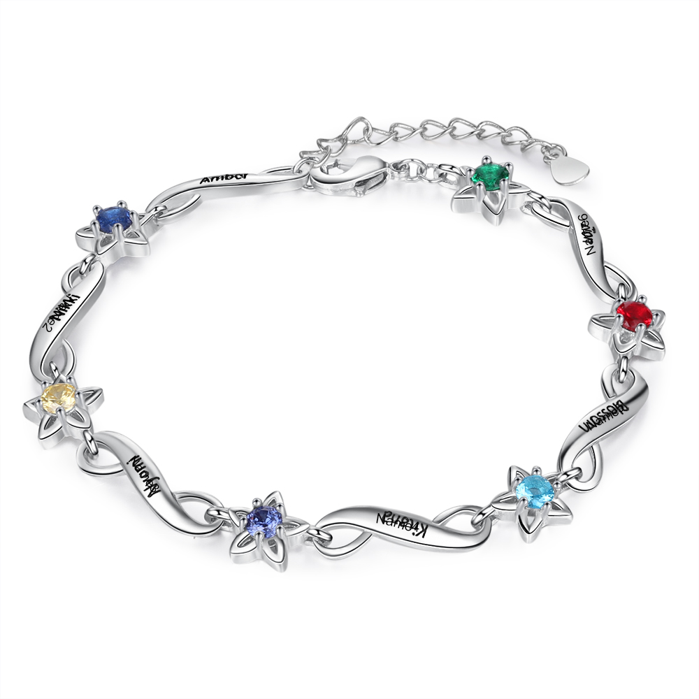Personalised Star Bracelet With 6 Birthstones Engraved Names Bracelet Gift For Women-Jessemade AU