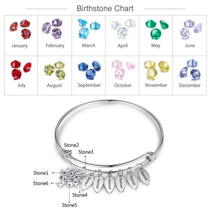 Personalised Family Tree Bracelet with 6 Birthstones Leaf Charms Bangle for Her-Jessemade AU