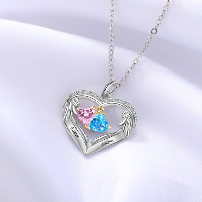 Personalised Wings Necklace With 2 Heart Birthstones Engraved Names Gift For Women-Jessemade AU