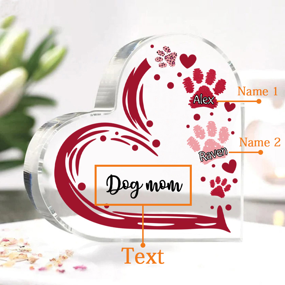 Personalised Text Acrylic Heart Keepsake Custom 2 Names Dog Footprints Ornaments Gifts for Grandma/Mother-Jessemade AU