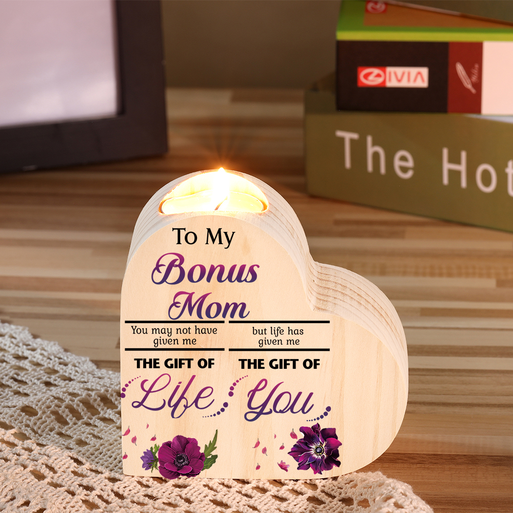 To My Bonus Mom Violet Flower Heart Candle Holder "Life Has Given Me The Gift of You" Wooden Candlestick-Jessemade AU
