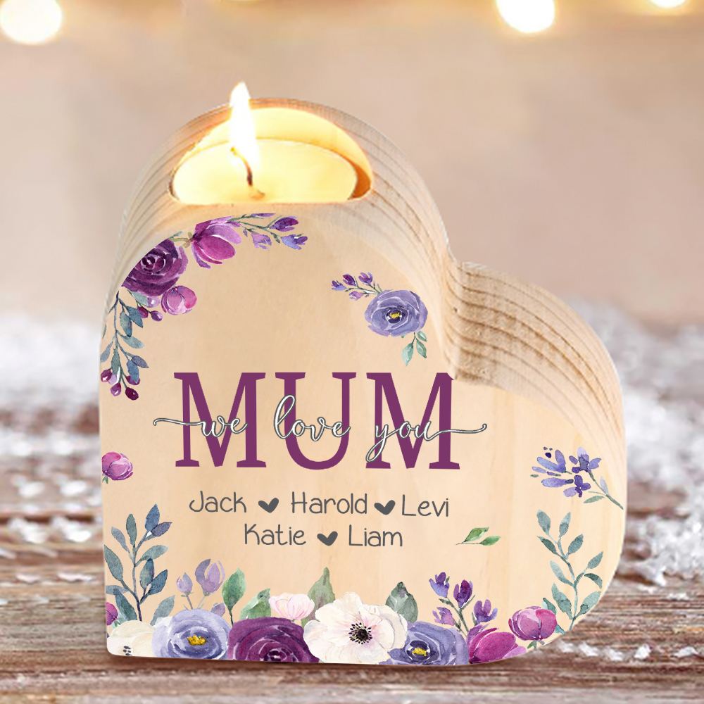 To My Mum Personalised Flower Heart Candle Holder We Love You Wooden Candlestick-Jessemade AU