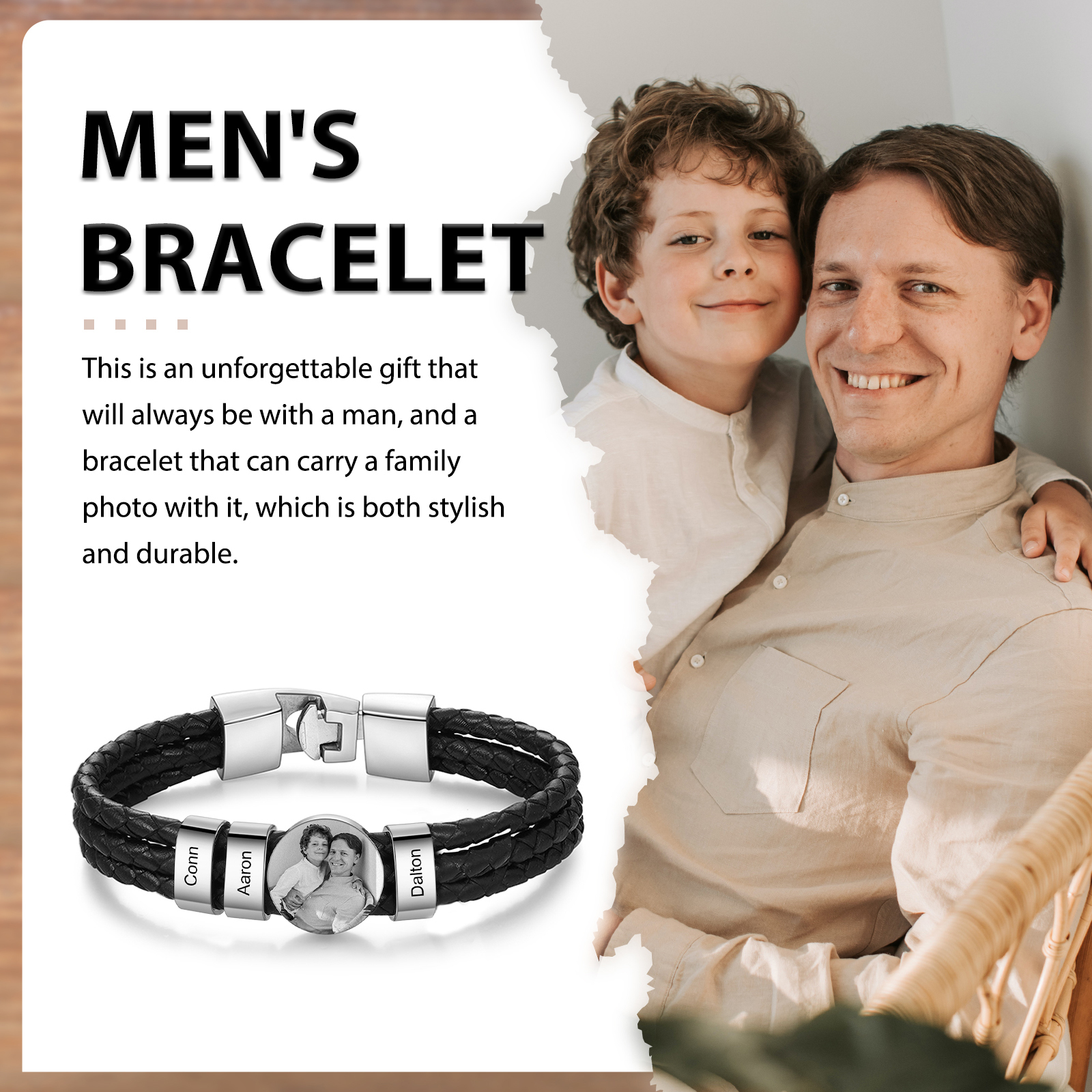 Personalised Men's Leather Bracelet Custom 3 Names & 1 Photo Braided Bracelet Father's Day Gifts for Him-Jessemade AU