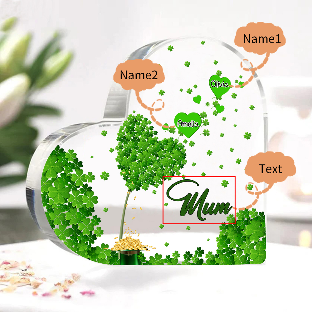2 Names - Personalised Acrylic Heart Keepsake Custom Text Four-Leaf Clover Ornament Gift for Mother/Grandma-Jessemade AU