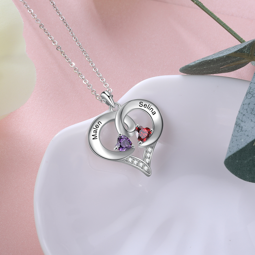 Customised Birthstones Heart Necklace Engraving 2 Names Gifts for Her-Jessemade AU