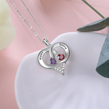 Customised Birthstones Heart Necklace Engraving 2 Names Gifts for Her-Jessemade AU