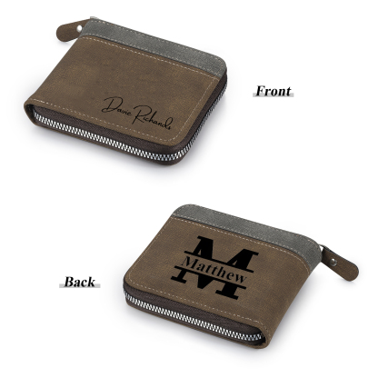 Personalised Text & Letter & Name Billfold Wallet Custom Men's Leather Wallet Zipper Gift for Him-Jessemade AU